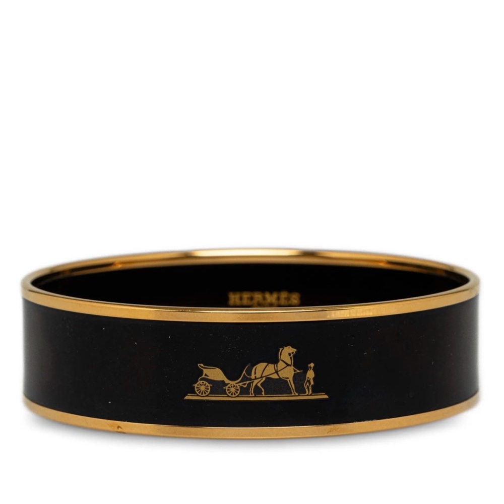 Hermès Black & Gold Enamel Bangle, Horse Motif, Pristine